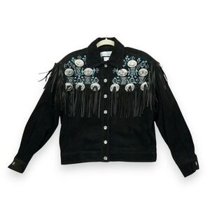 The La Costa Spa‎ California - Black Leather Beaded Fringe Western Jacket Small